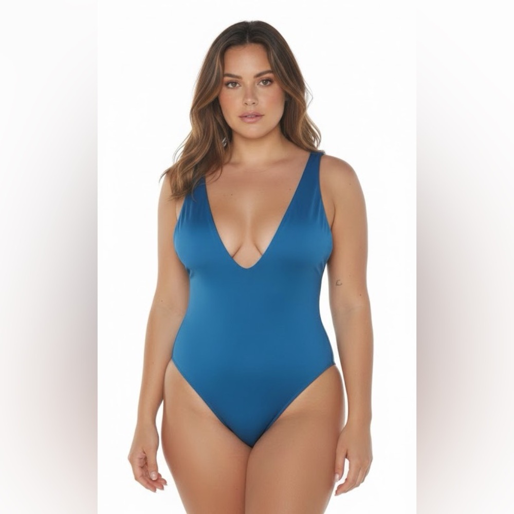 V cut neckline Blue reversible to light blue One-Piece Swimsuit